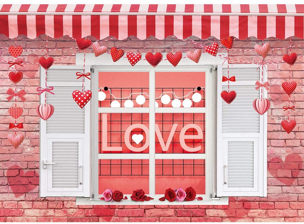 Allenjoy 7x5ft Red Brick Wall Valentine Day Backdrop Pink Heart Valentine Day Backdrops for Women White Window Valentine Day Girls Party Decorations