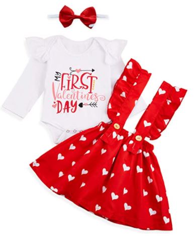 Baby Girls My First Valentine's Day Outfit Ruffles Long Sleeve Romper + Love Heart Suspenders Skirt Set