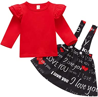 Baby Girls Valentine's Day Outfits Toddler Kids Heart Ruffles Long Sleeve T Shirt + Suspenders Dress Skirt Set Clothes