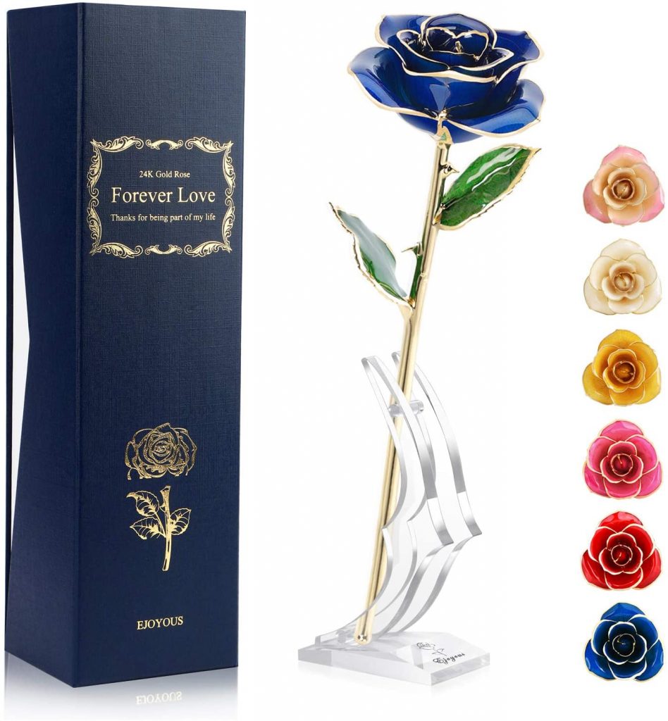 Ejoyous Gold Dipped Rose w Rose Stand, 24K Forever Blooming Real Rose Gift for Wife Women on Valentines Anniversary Proposal