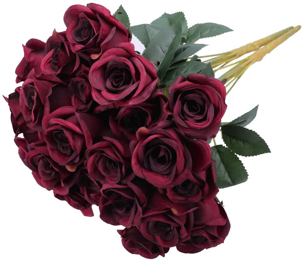 Greentime Artificial Burgundy Flowers 16 Inches Artificial Silk Rose Valentines Day Rose Bouquet 12 Heads Vintage Rose for DIY Wedding Table Centerpiece