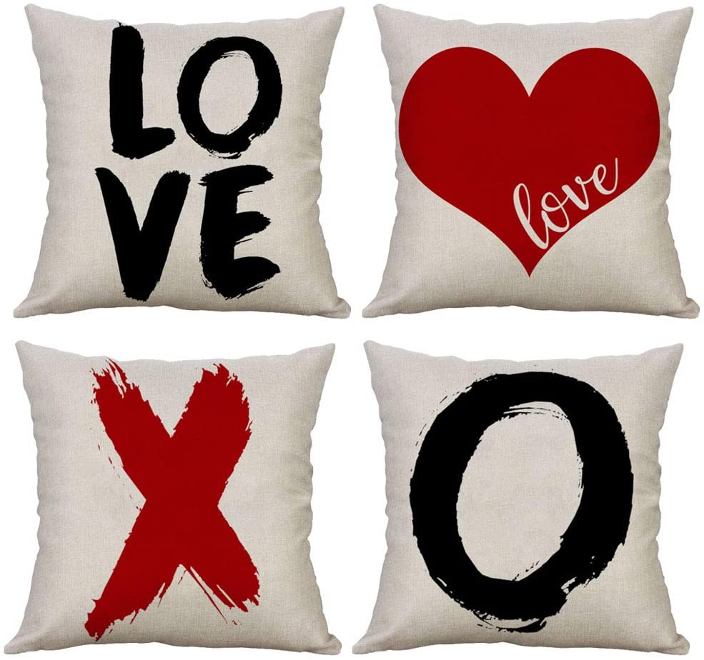 LEVOSHUA 4 Pack Happy Valentines Day Pillow Covers XO Pillowcase Throw Pillow Case Cushion Cover Love Heart Cotton Linen Pillowcase for Home Decor Sofa