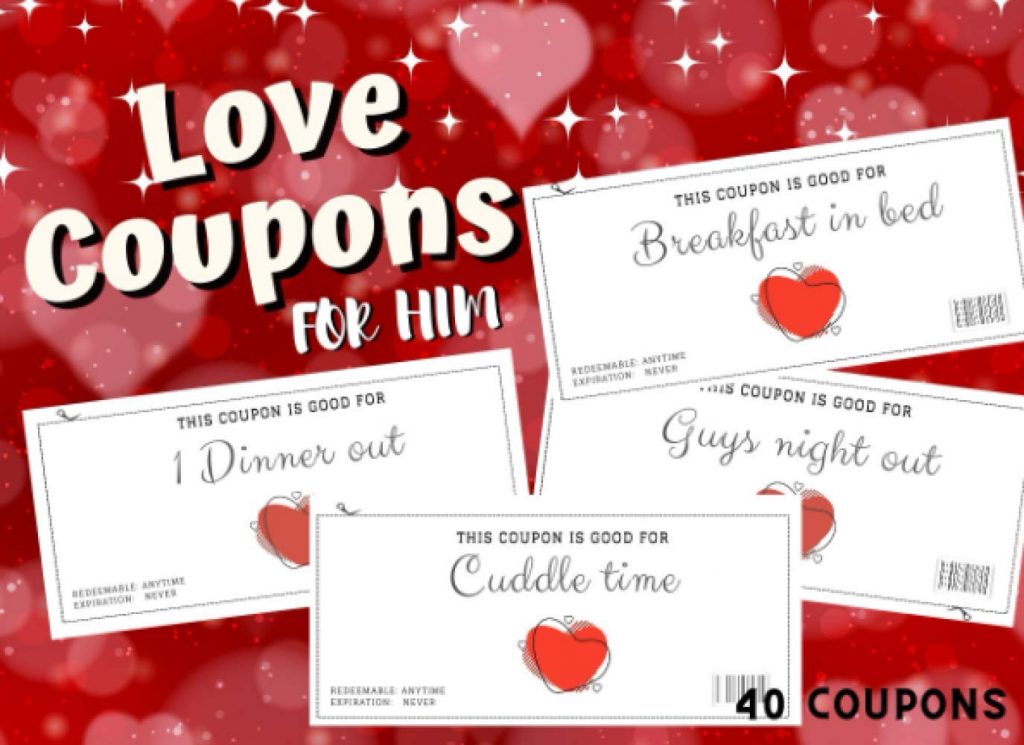 Love Coupons For Him Valentines day Vouchers for Husband or Boyfriend. Funny Colorful coupons For Anniversary, Birthdays and christmas