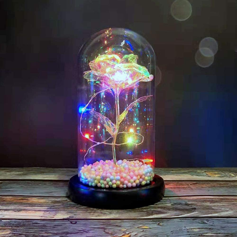 NAWEIDA Galaxy Rose Flower Gift Infinity Rose in Glass Dome with Led Light String on The Crystal Rose Unique Gifts for Women Christmas Valentine's Day