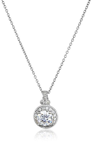 Platinum-Plated Sterling Silver Swarovski Zirconia Round-Cut Antique Pendant Necklace, 18