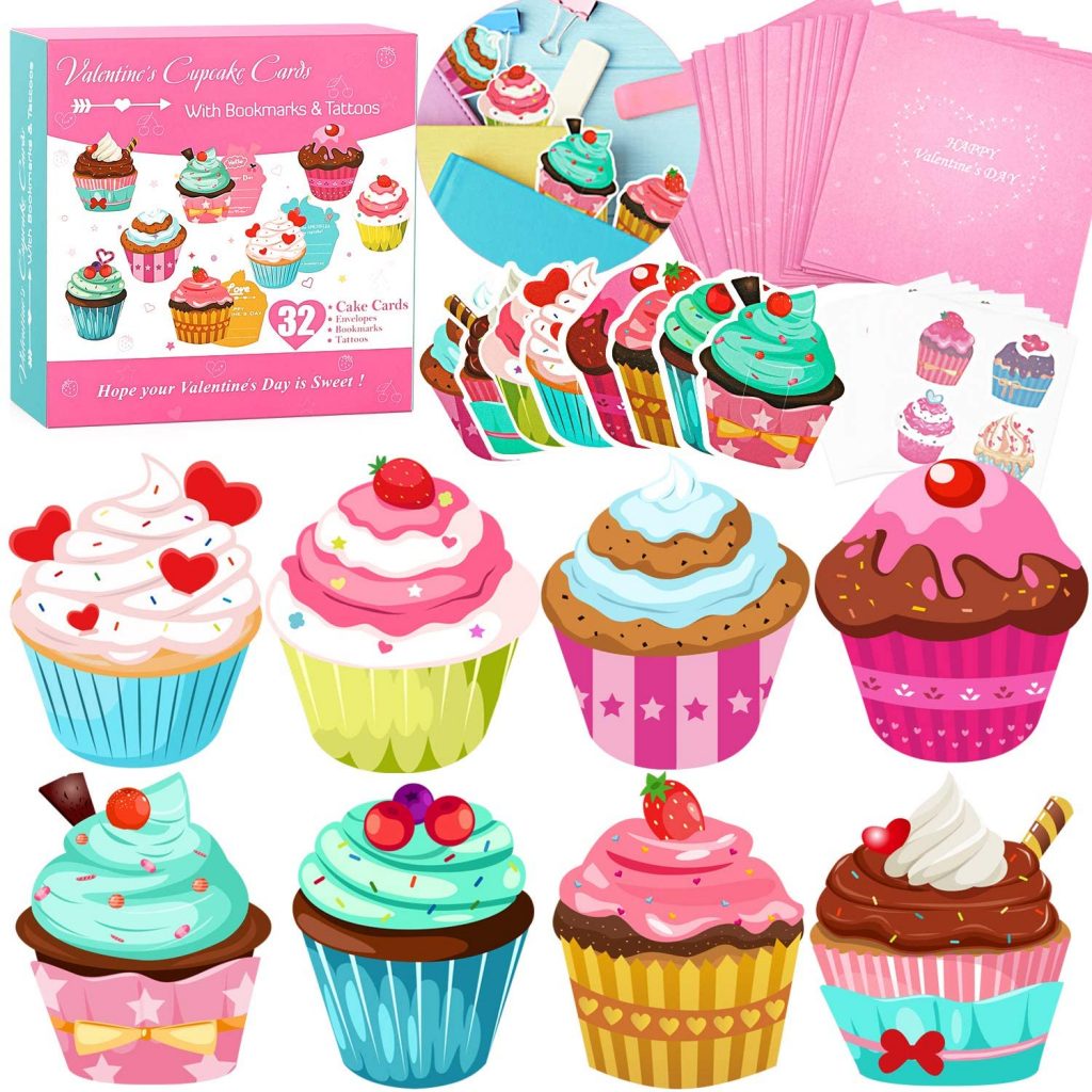 Valentines Day Cards for Kids 32 Pack with Cute Bookmarks Temporary Tattoos and Pink Envelopes - Perfect Cupcake Valentines Day Cards for School
