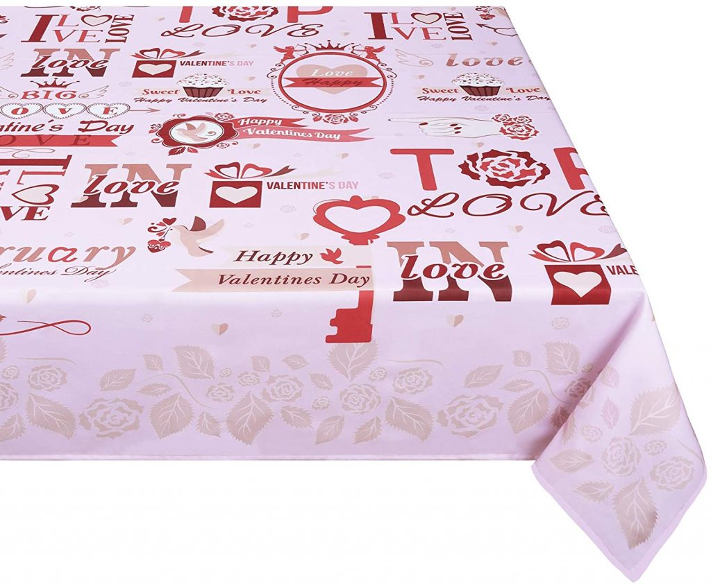 Valentine's Day Tablecloth, Pink Love Heart Table Cloth, Rose Flower Tablecloths, Waterproof Tablecloth Square for Valentine's Wedding Dinner Party