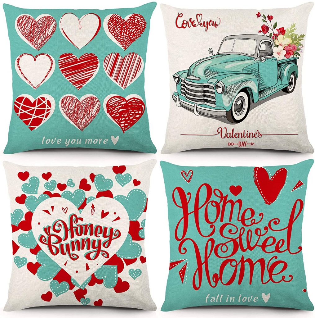 YGEOMER Valentine's Day Pillow Covers 18×18 Inch Set of 4 Pieces of Turquoise Pillow Case Festival Anniversary Wedding Cushion Pillow Case