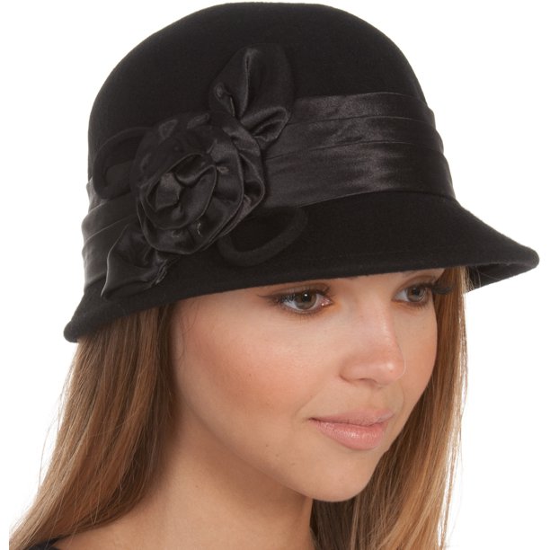valentine day gift for girlfriend Vintage Style Wool Cloche Bucket Winter Hat with Satin Flower