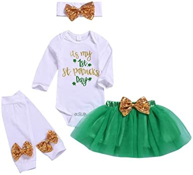 Baby Girl My 1st St. Patrick's Day Outfits Infant Girl Ruffle Sleeve Romper Tutu Skirt Leg Warmers with Headband Clothes Set