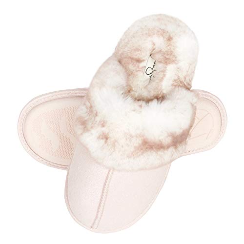 Jessica Simpson Women's Comfy Faux Fur House Slipper Scuff Memory Foam Slip on Anti-skid Sole