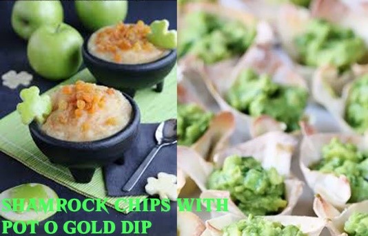St. Patrick's Day Appetizer Ideas of Shamrock chips with Pot O Gold Dip