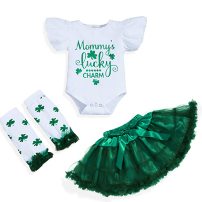 Toddler Baby Girls St. Patrick's Day Outfits Letter Print Long Sleeve Romper+Stripe Shamrock Print Suspender Skirt+Headband